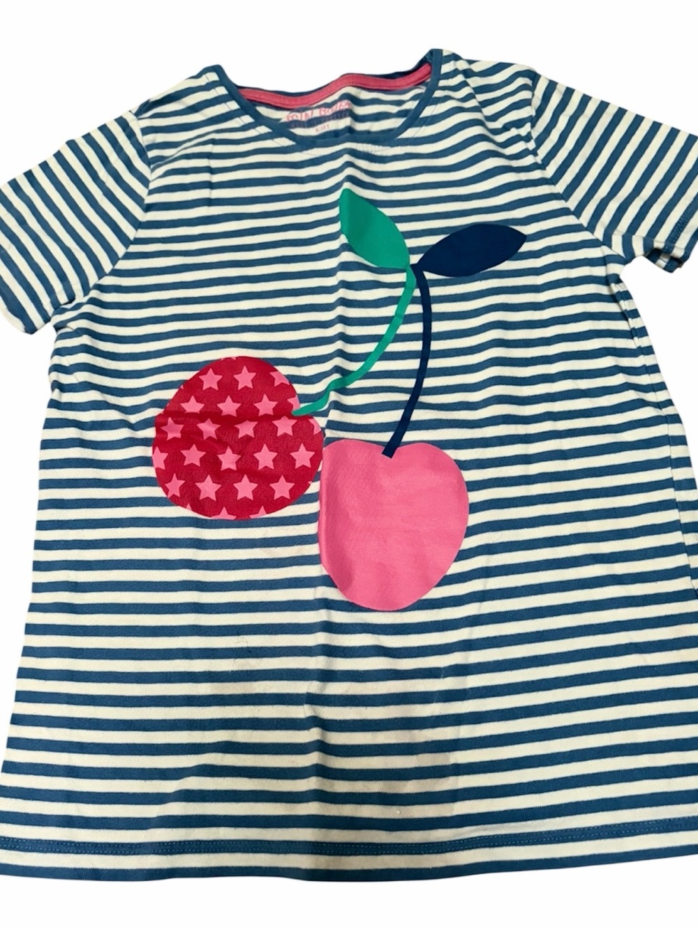 Mini Boden Girls Striped Cherry T-Shirt Size 9-10Y Blue White Stars Applique Tee